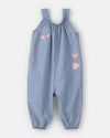 Sleeveless chambray long romper with embroidery