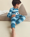 Pijama 2 peças de veludo, monstros às riscas em azul