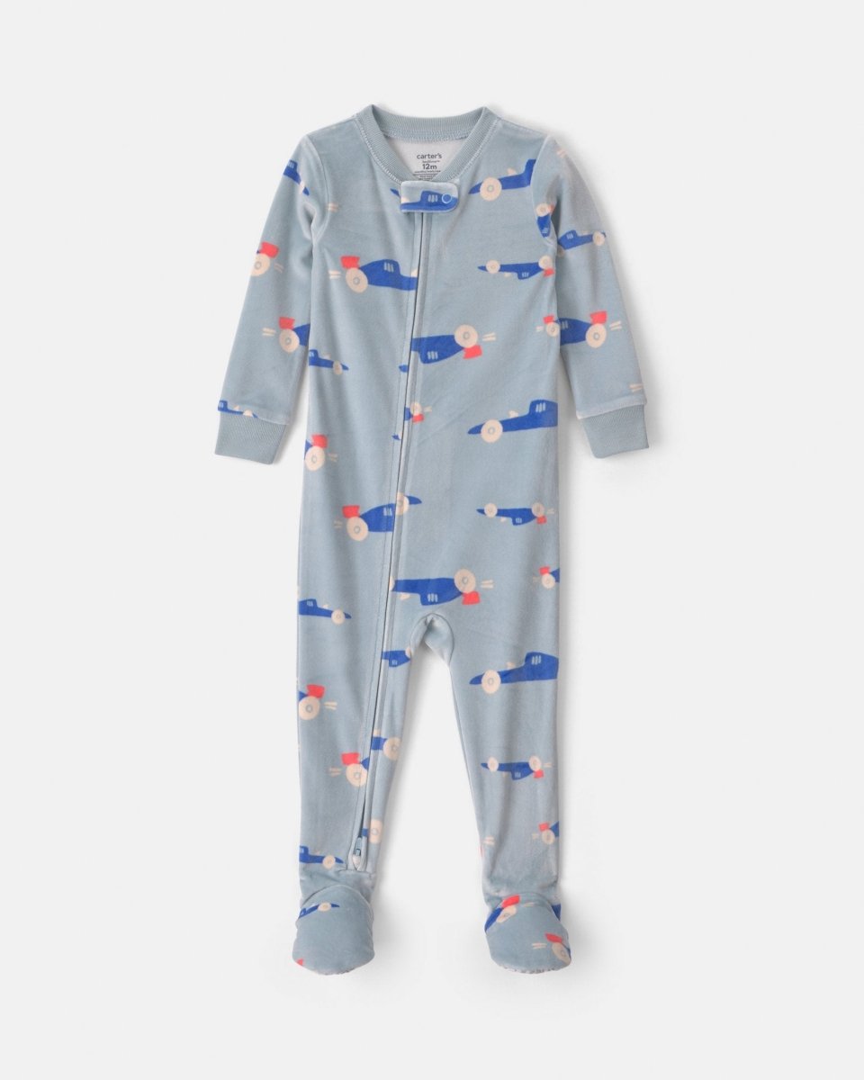 Pijama de terciopelo con pie, coches en azul - Carter's