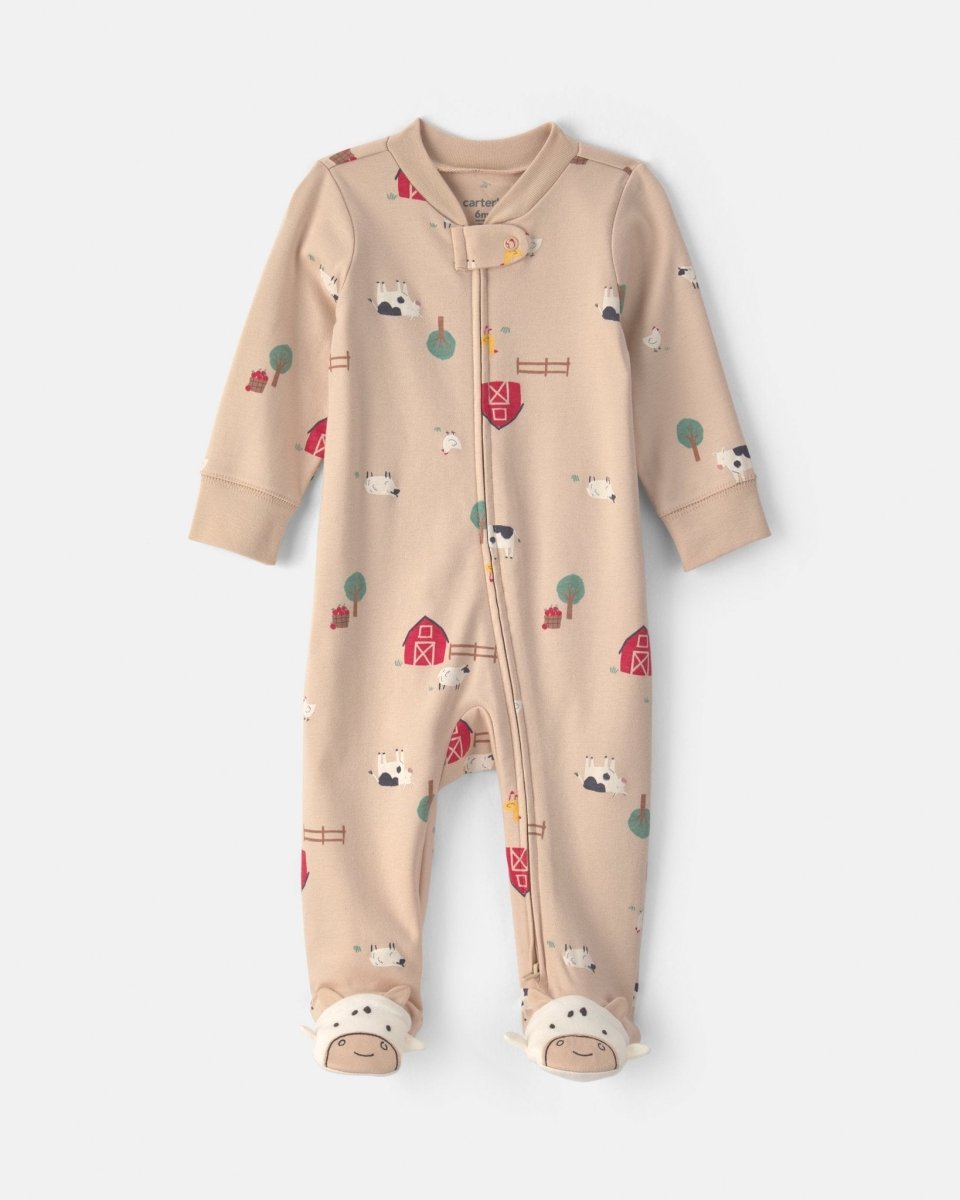 Pijama de una pieza de algodón con pie, granja en beige - Carter's