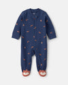 Pijama de uma peça de algodão com pés, raposa azul-marinho