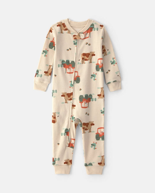 Pijama de una pieza de algodón sin pie, granja en beige