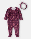 Pijama de pelúcia floral de duas peças com faixa de cabeça castanha