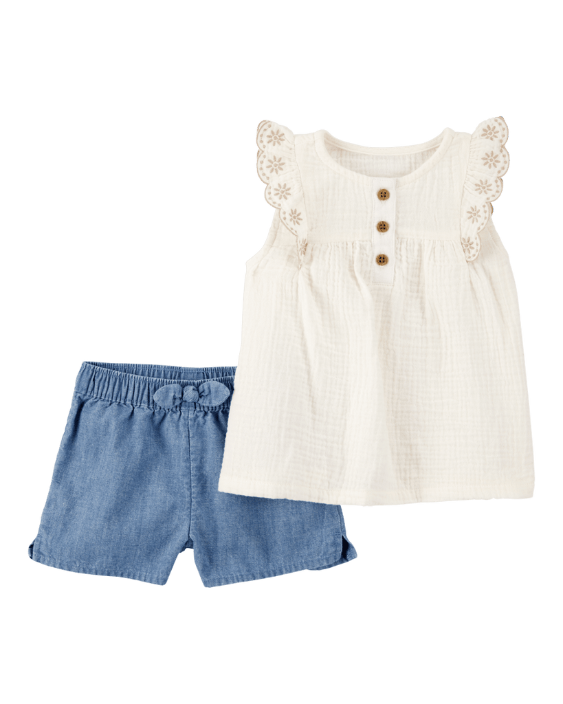 Set dos piezas, pantalón corto de chambray y blusa de algodón, bordado floral - Carter´s