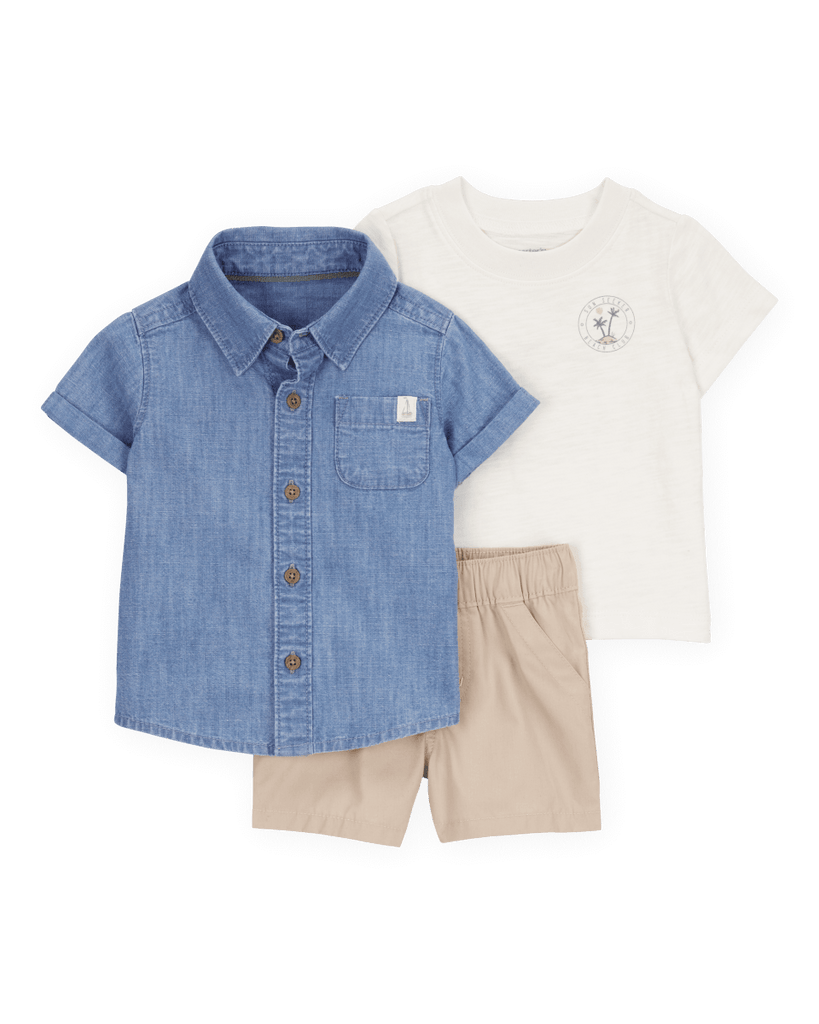 Set tres piezas de algodón, pantalón corto, camisa y camiseta, diseño tropical - Carter´s