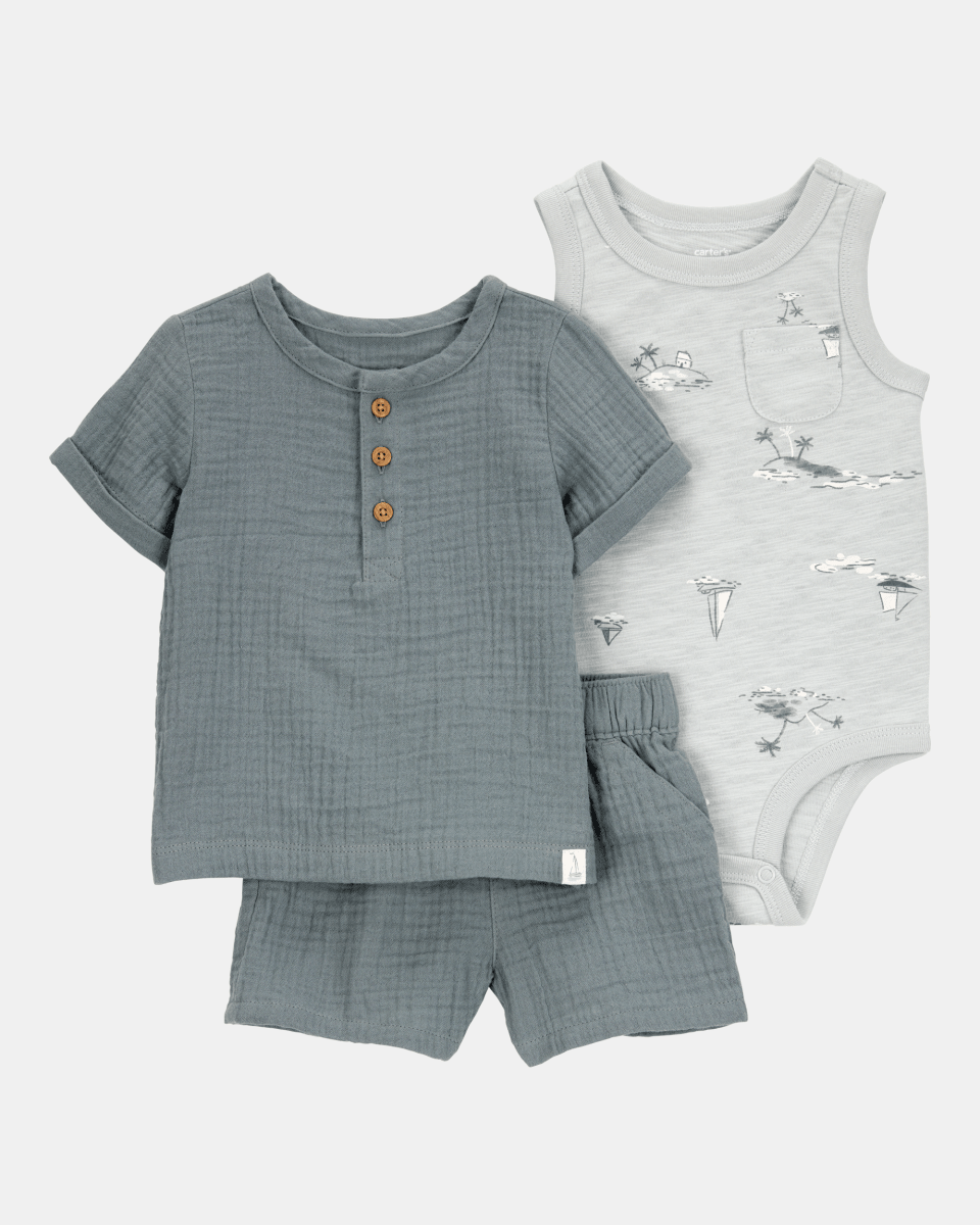 Set tres piezas de algodón, pantalón corto, camiseta henley y body, gris - Carter's