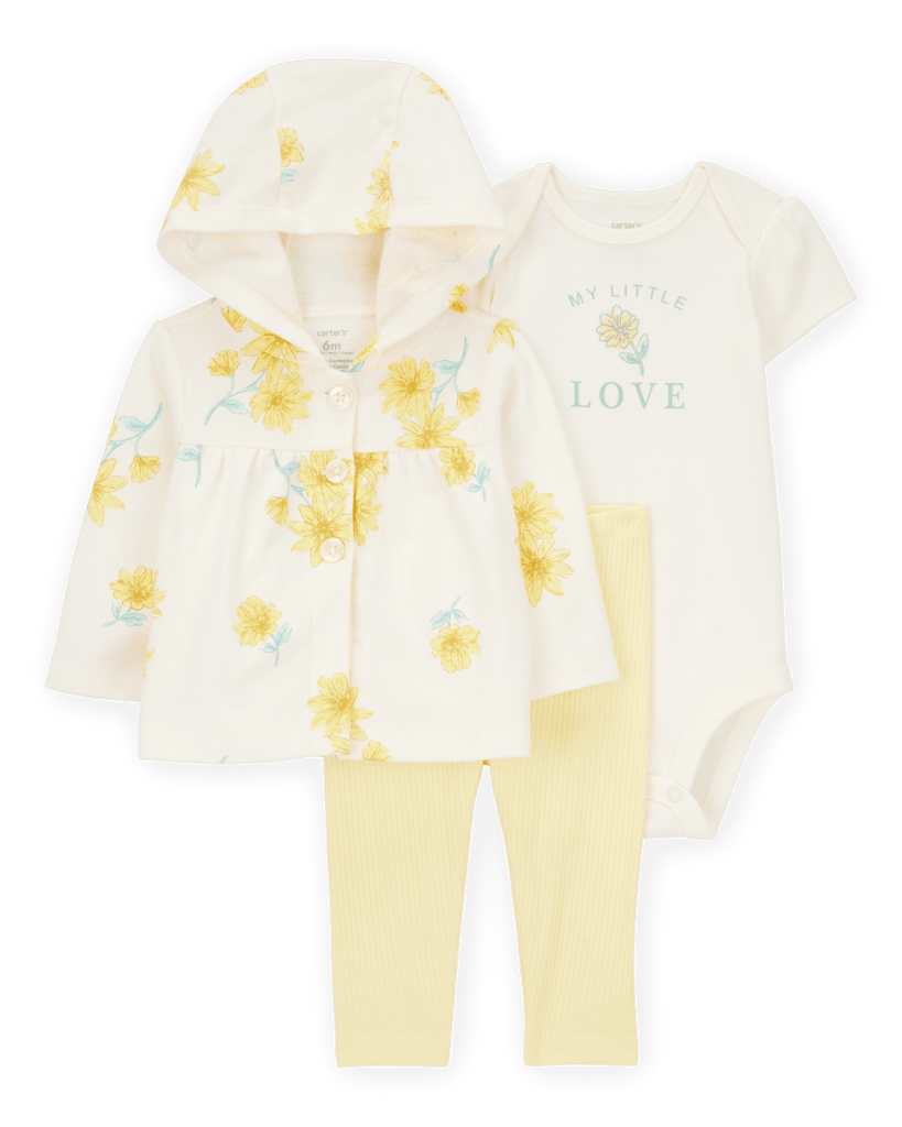Set tres piezas de algodón, pantalón, saco con capucha y body, diseño floral - Carter´s