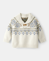 White intarsia knit sweater with printed design